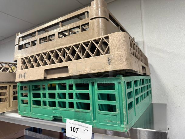 Lot of 3 glass racks stacked, mixed colors, used condition with slight wear. Label "Stile Inc., Made in USA" visible.