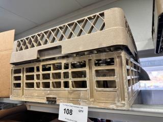 Lot of 3 beige plastic glass racks, stackable, used condition. Marked: "Stak-All, Sltie, Inc., Made in USA." Auction label: "108."