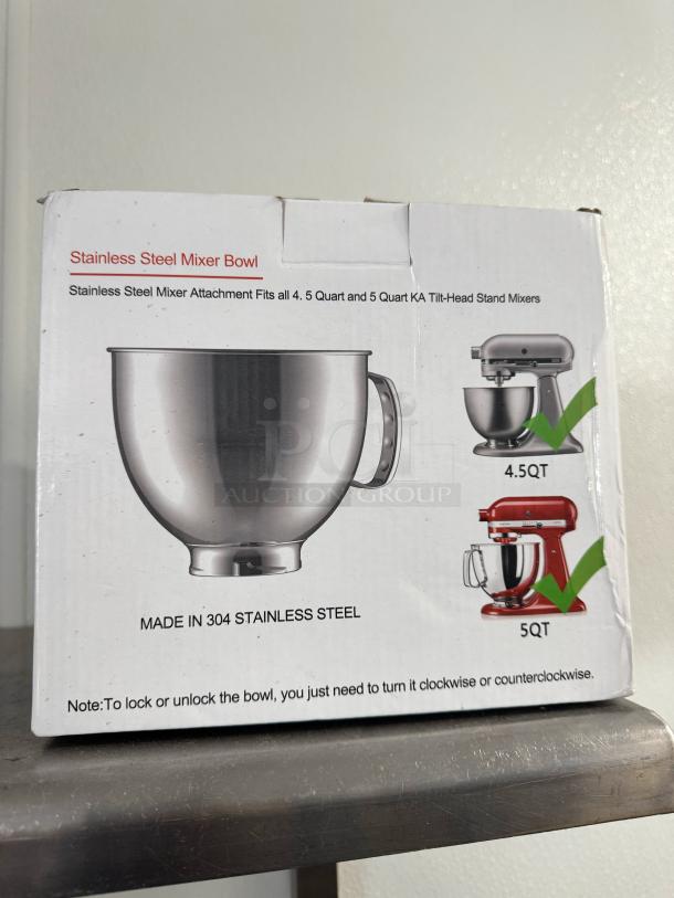 Brand new stainless steel mixer bowl, compatible with 4.5 and 5 quart KA tilt-head stand mixers. Made in 304 stainless steel.