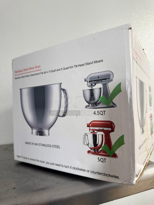 Brand new stainless steel mixer bowl in box, compatible with 4.5QT and 5QT KA tilt-head stand mixers. Made in 304 stainless steel.