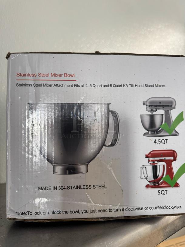 Brand new stainless steel mixer bowl, fits 4.5 and 5-quart KA tilt-head mixers, made of 304 stainless steel.