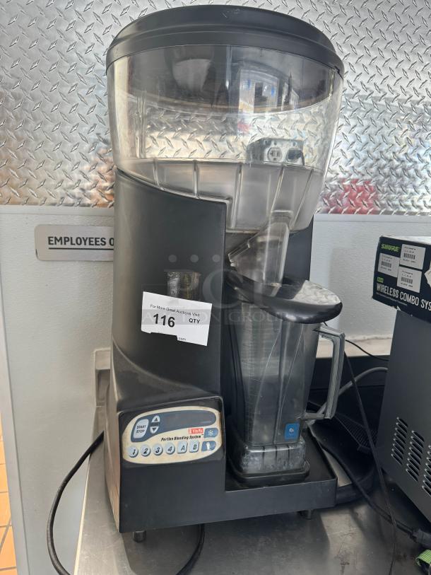 Vita Mix VM0126 commercial blender, tested and working, features keypad controls, clear container, minor wear, auction tag visible.