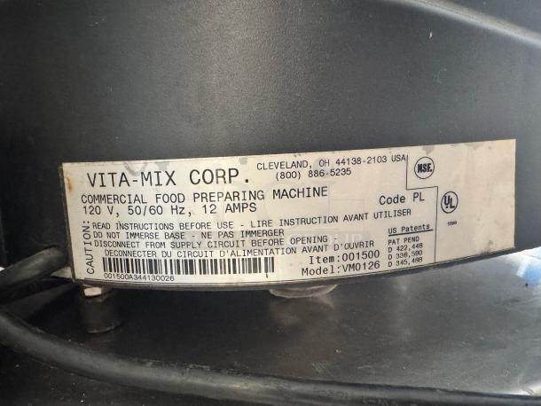 Vita Mix Commercial Blender, Model VM0126. Tested & working. Label indicates 120V, 50/60Hz, 12 amps. Commercial use.