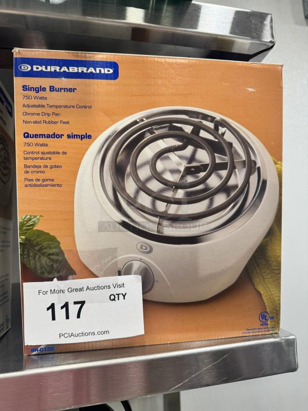 DURABRAND Single Burner, brand new, 750 watts, adjustable temperature, chrome drip pan, non-skid rubber feet.