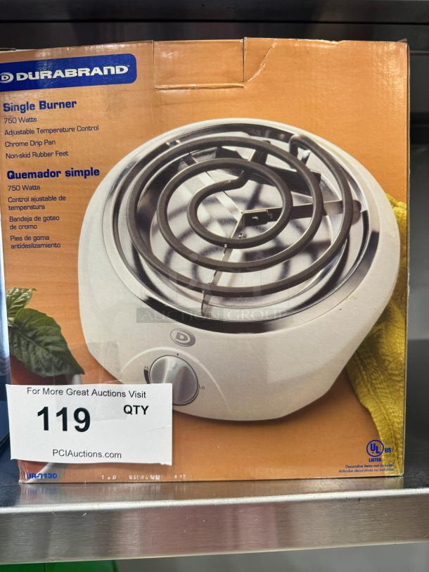 DURABRAND Single Burner, brand new in box. Features: 750 watts, adjustable temperature control, chrome drip pan, non-skid rubber feet.