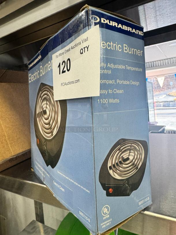 DURABRAND Electric Single Burner, brand new in box. Features adjustable temperature, 1100 watts, model SBS110-B.
