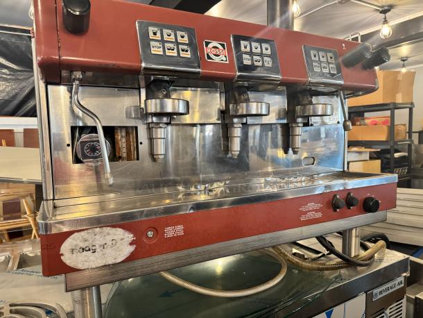 BRASILIA 205EX FNC DIG 3 Espresso machine, red, with three group heads, digital controls, steam wand, used condition.