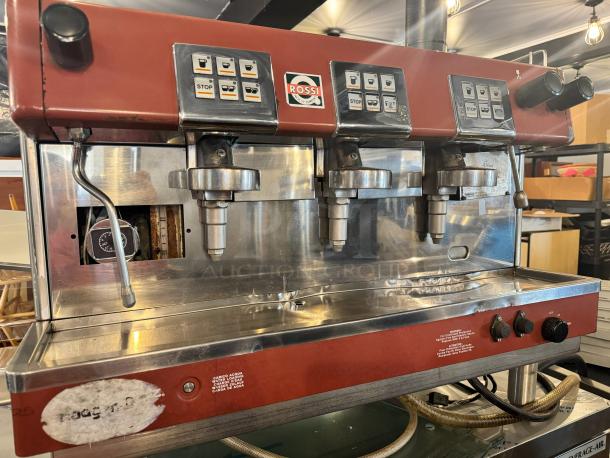 BRASILIA 205EX FNC DIG 3 Espresso machine, three-group head, red and stainless steel, button controls, used condition.