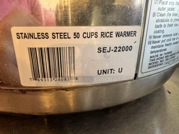 Stainless steel 50 cups rice warmer, model SEJ-22000, made in Taiwan, with barcode and care instructions.
