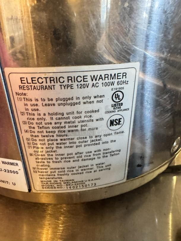 Stainless Steel 50 cups rice warmer with UL and NSF labels, model MJ-22000, instructions visible, used condition.