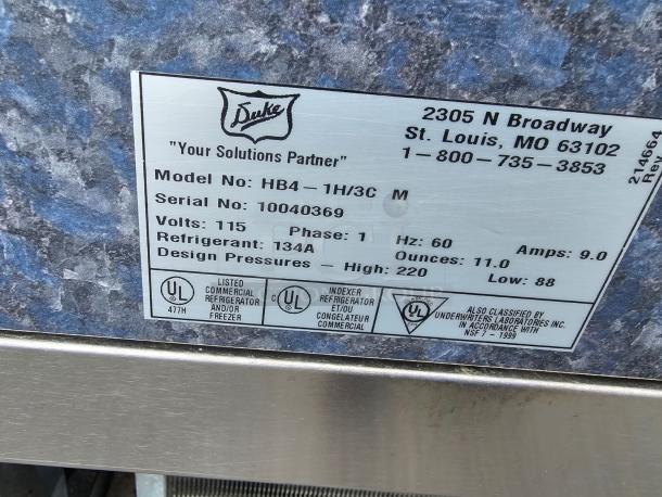 DUKE drop-in hot/cold food well unit, model HB4-1H/3C, 115V, refrigerant 134A. Serial no: 10040369. UL listed.