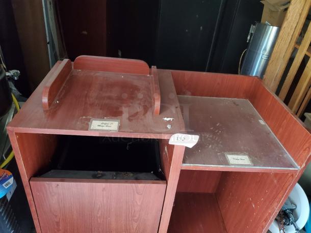 Wood Top Tray Receptacle with dual compartments, featuring a wooden finish. Surface shows wear, label reads "Dish Trays."