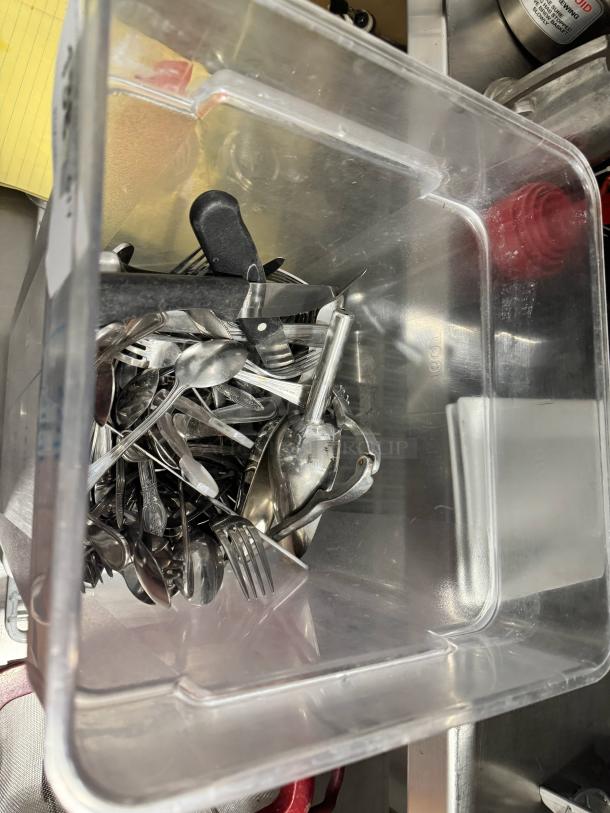 Lot of stainless steel cutlery in a clear bin, includes assorted spoons, forks, and knives. Mixed condition.