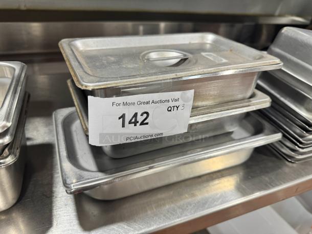 Lot of 3 stainless steel food pans with lids, good condition, labeled "QTY 3".