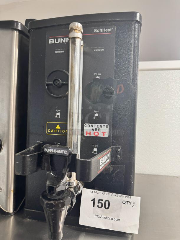 BUNN SoftHeat 1.5 Gallon Portable Server, black. Features heat indicator, caution labeling, and BUNN branding. Auction tag 150.