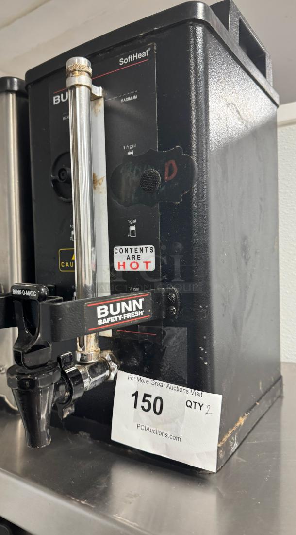 BUNN SoftHeat 1.5 Gallon Portable Server BIDX2, black, with "Contents Are Hot" label, BUNN Safety-Fresh handle. Used condition.