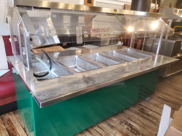 COLORPOINT 5 Bay steam table, model K5E5-CPA-EB, with sneeze guard, 120/208V, stainless steel, used condition.