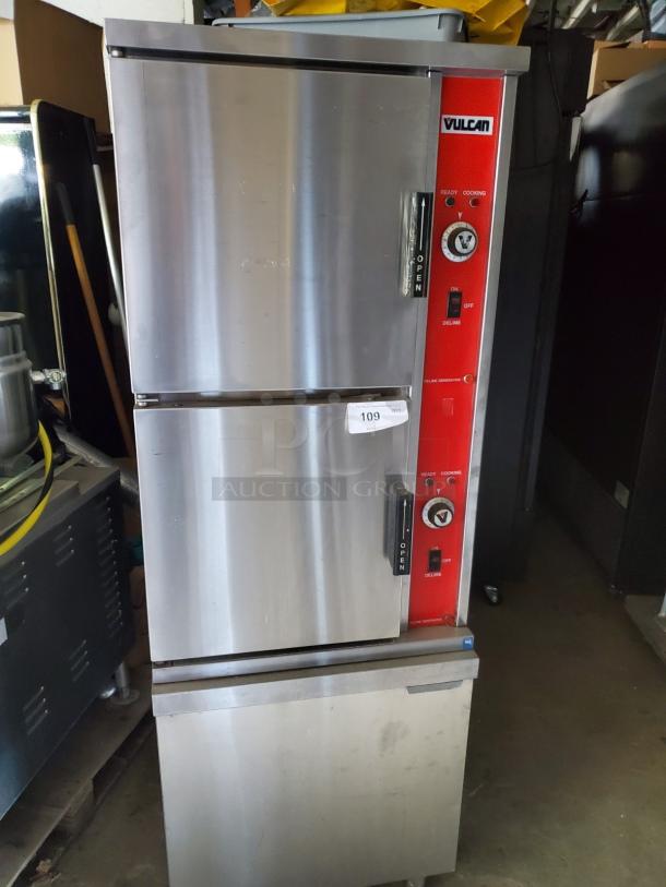 Vulcan VSX10EC commercial convection steamer, stainless steel, dual compartments, 208V/3PH, shown in used condition.