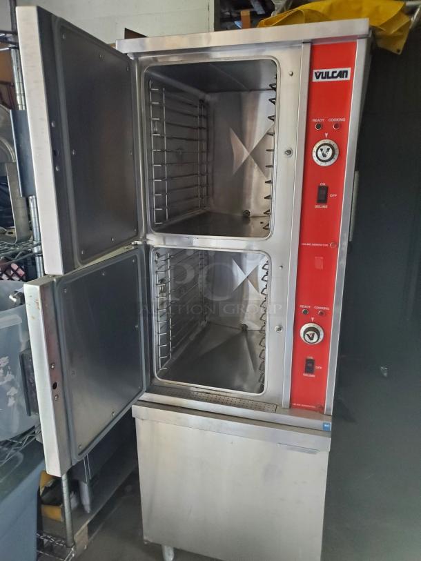 Vulcan VSX10EC commercial convection steamer, 208V/3PHASE, red panel with controls, dual compartments, stainless steel.