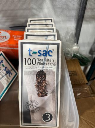 t-sac tea filter box containing 100 chlorine-free filters. Designed for cups and mugs, suitable for up to 8 cups.