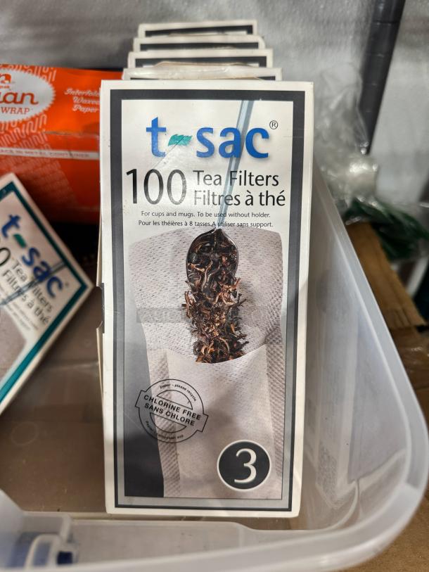 Box of t-sac 100 tea filters, chlorine-free, size 3, for cups and mugs. Brand logo and usage instructions visible.