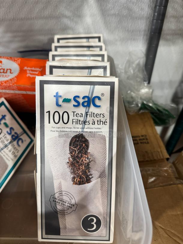 Box of t-sac tea filters, 100 count, size 3. Chlorine-free, suitable for cups and mugs. Clean packaging, new condition.