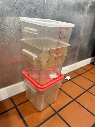 Lot of 3 food storage containers, clear plastic, with lids; various sizes; some with red measurements; used condition.