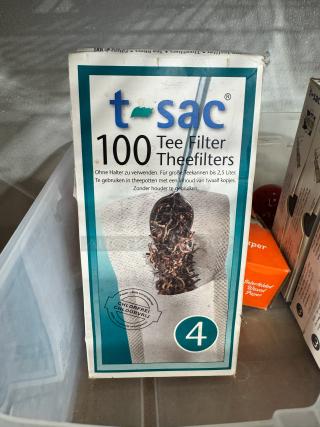 Lot of 2 t-sac tea filter boxes, each containing 100 filters, size 4, chlorine-free, designed for large teapots up to 2.5 liters.