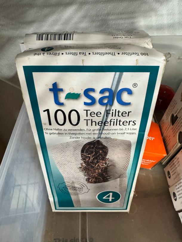 Lot of 2 t-sac tea filter boxes, each containing 100 filters. Box shows slight wear. Chlorine-free, size 4.