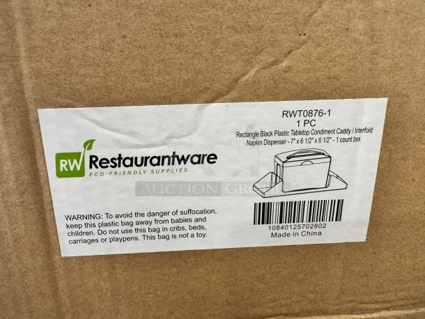 Rectangle black plastic tabletop condiment caddy and interfold napkin dispenser, brand new, Restaurantware, model RWT0876-1.
