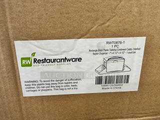 Rectangle black plastic tabletop condiment caddy and interfold napkin dispenser, brand new, Restaurantware, model RWT0876-1.