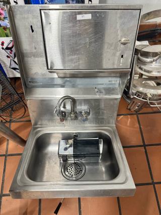 ADVANCE TABCO stainless steel wall-mounted hand sink with soap and fold paper towel dispenser, good condition.