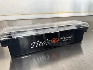 Brand new condiment tray, clear lid, black base featuring "Tito's Handmade Vodka" branding.