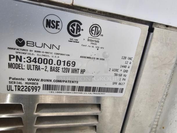 Bunn ULTRA-2 slushy machine, one handle missing, tested and working. Model and details label visible.