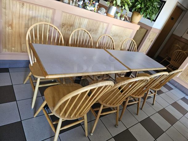 48" rectangular table top with wooden edge, paired with a sturdy black base. Good condition, chairs not included.