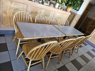 48" rectangular table top with wooden edge, paired with a sturdy black base. Good condition, chairs not included.