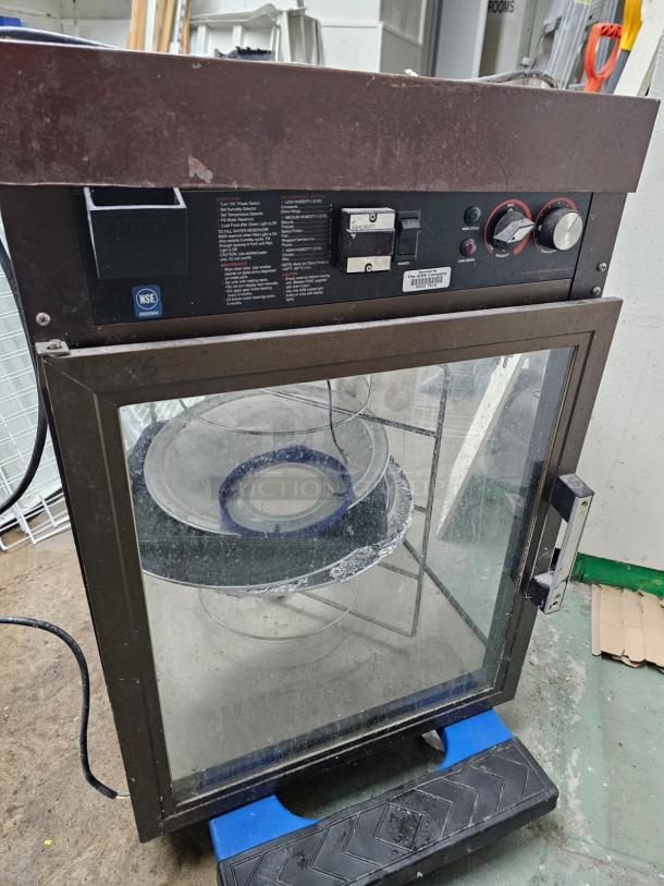 HATCO holding and display cabinet, food warmer, 120V. Tested and working, minor wear. Glass door with two shelves.