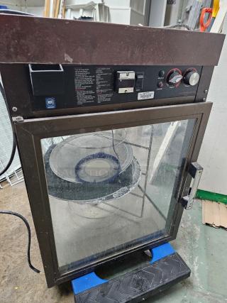 HATCO holding and display cabinet, food warmer, 120V. Tested and working, minor wear. Glass door with two shelves.