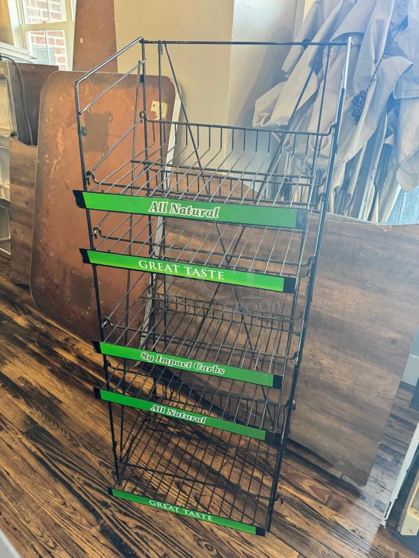 5-tier retail display rack, metal, green "All Natural" and "Great Taste" labels, good condition, wire shelves.