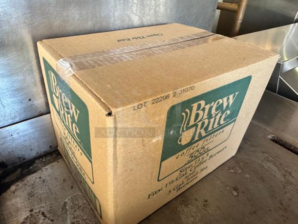 Brew Rite coffee filters, 500 count box, size 13x5, sealed, suitable for 1.5-gallon brewers. Lot number 22296 2 31070.