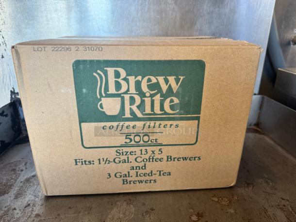 Brew Rite coffee filters box, 500 count, size 13x5, fits 1.5-gallon coffee brewers and 3-gallon iced-tea brewers, lot 22296.