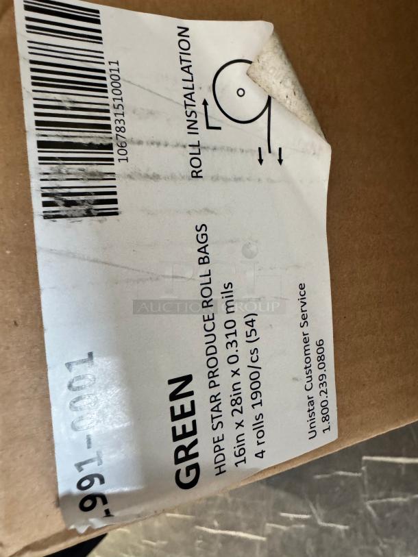 GENERIC 15x20 produce roll bags, 8 rolls. Label shows HDPE Star, 16x28in, 0.310 mils. Unistar customer service info.