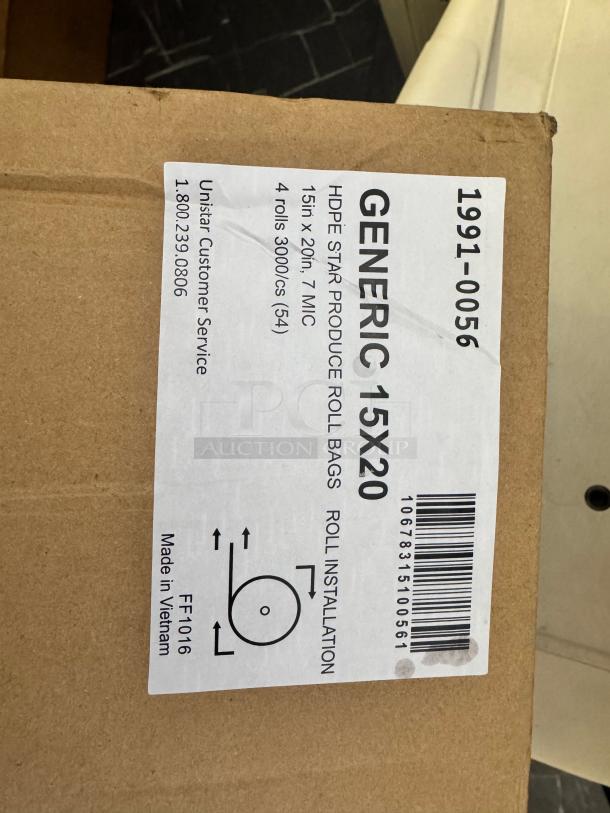 Box of GENERIC 15X20 produce roll bags, 15in x 20in, 7 MIC, HDPE, 4 rolls, 3,000 bags/case, made in Vietnam.