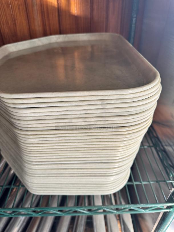 Stack of rectangular plastic trays, BIDX35, in used condition on a metal shelf, showing slight signs of wear.