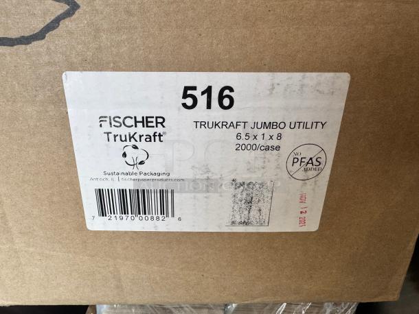 Fischer TruKraft jumbo utility paper bags, 6.5x1x8, 2000/case; sustainable, PFAS-free packaging.