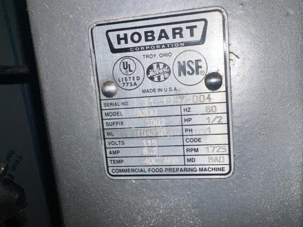 Hobart A200 20QT Mixer label showing model, serial number, 115V power, 1/2 HP, and NSF certification.