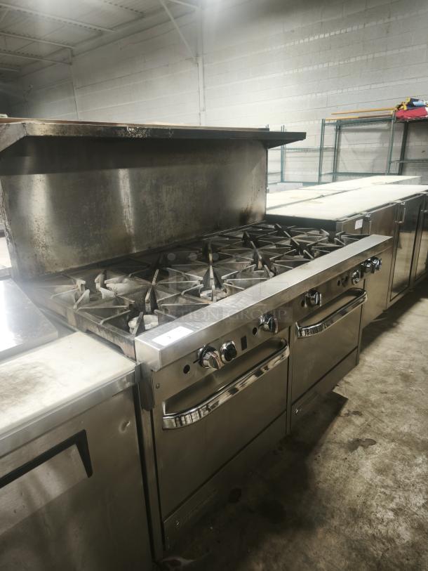 Southbend 4601DD 60" 10-burner gas range with two ovens, 420,000 BTU. Heavy-duty, commercial-grade condition.