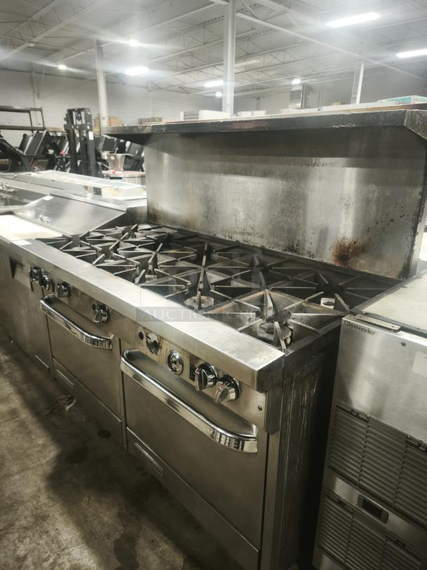 Southbend 4601DD 60" 10-burner range with 420,000 BTU, two standard ovens, slightly worn, suited for commercial use.