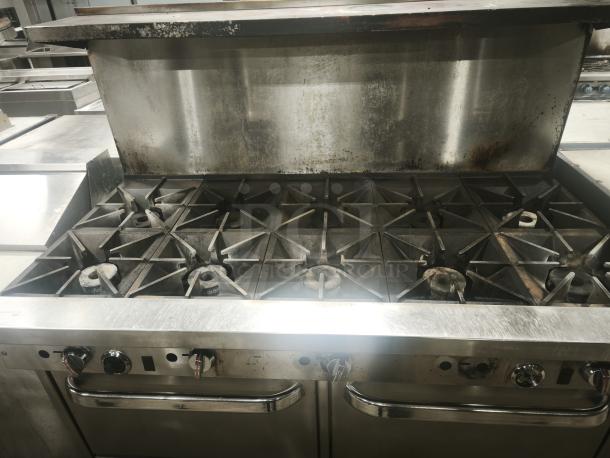 Southbend 4601DD 60" natural gas range, 10 burners, 2 ovens, 420,000 BTU output, used in commercial kitchens.