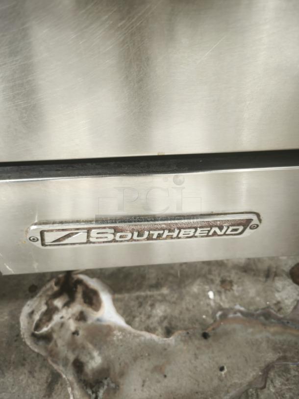 Southbend 4601DD logo on heavy-duty stainless steel range, suitable for high-volume commercial kitchens.